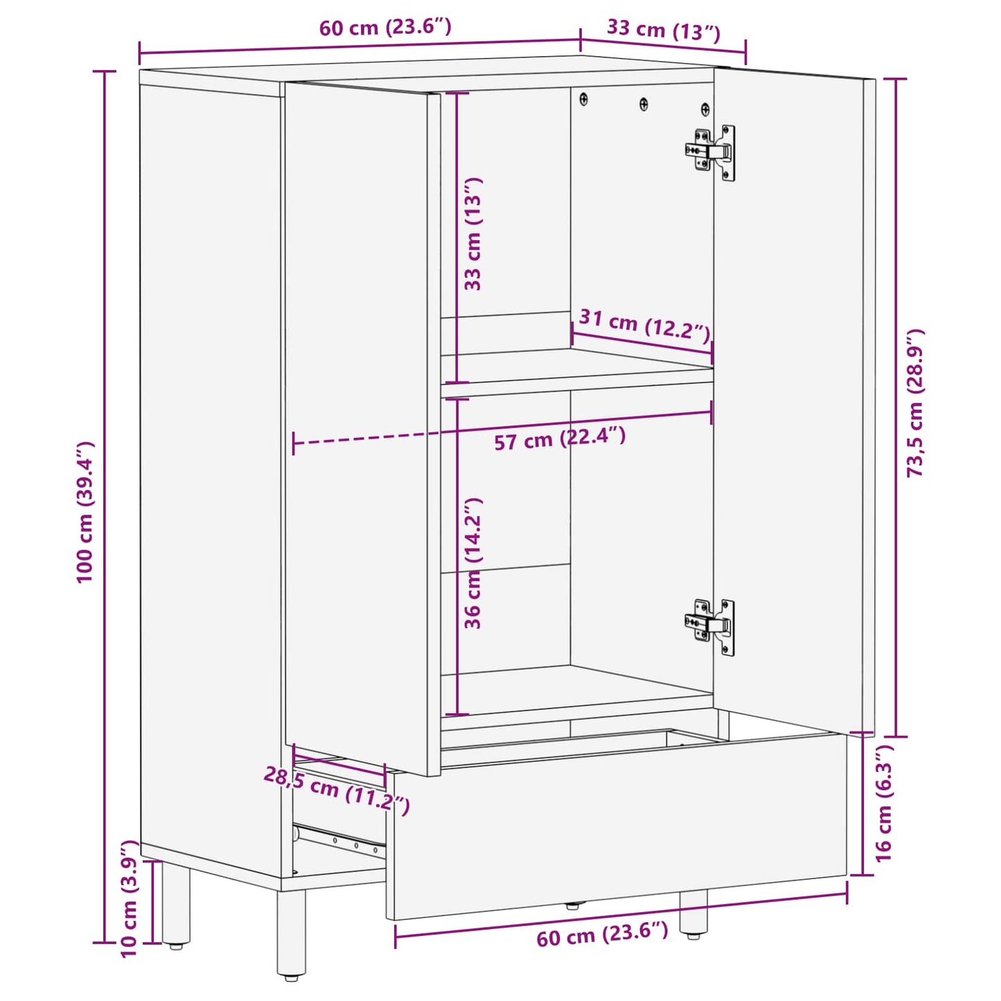 Credenza con cassetto Finitura Bianco Lavato 60 x 33 x 100 cm | homemem39