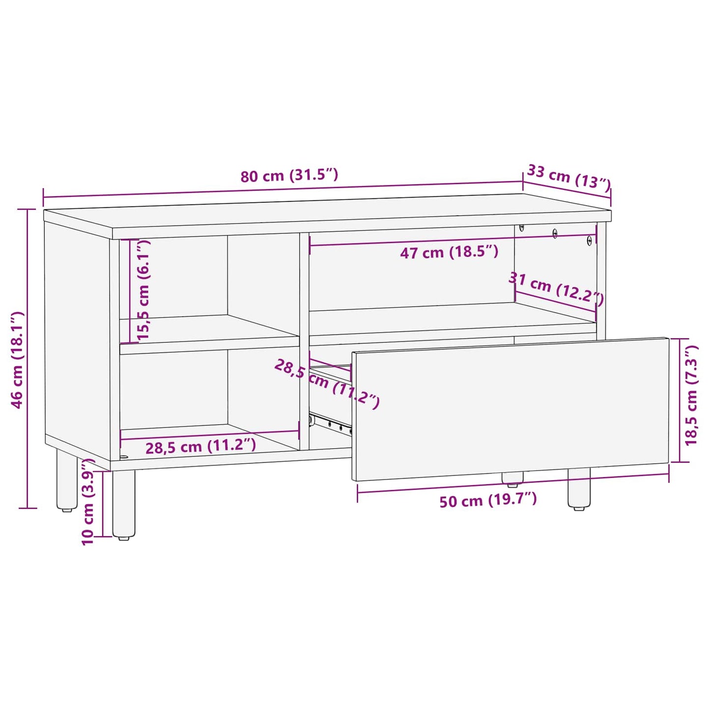 Mobile TV con cassetto Finitura Marrone Acacia 80 x 33 x 46 cm | homemem39