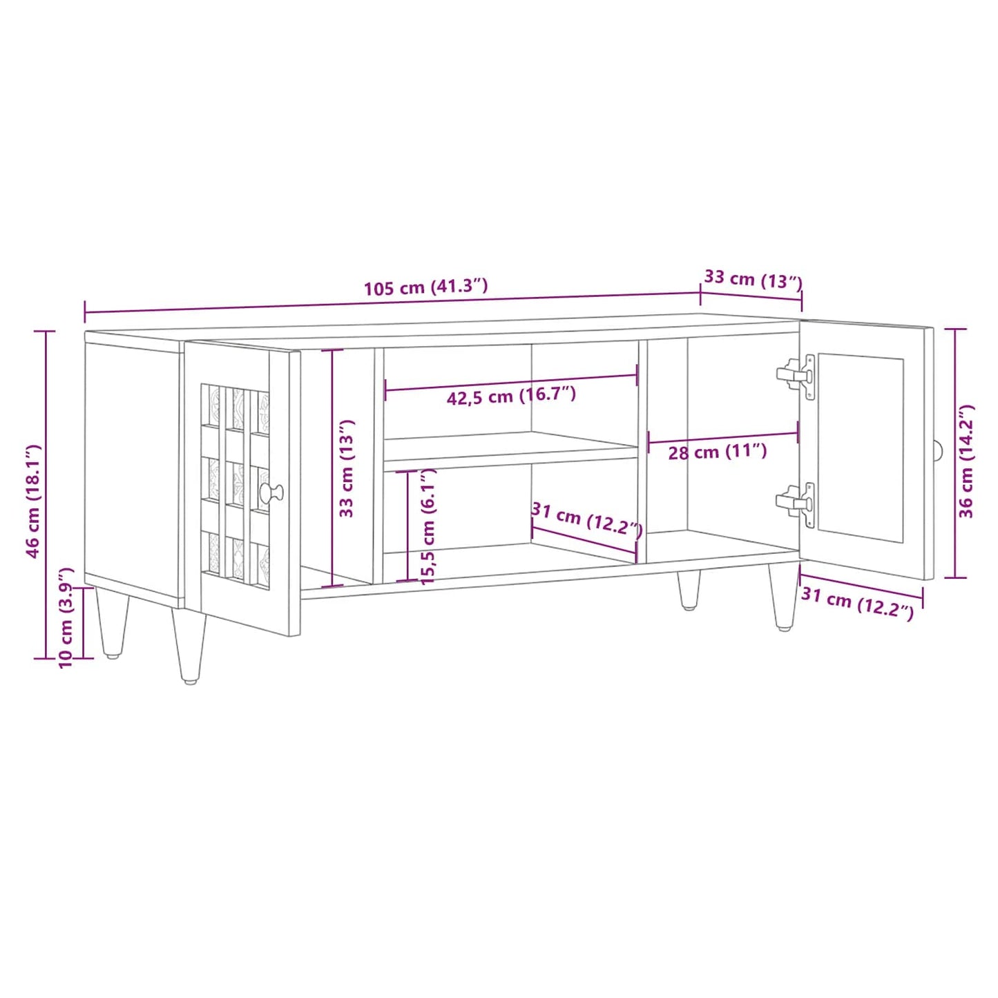 Mobile TV Naturale 105 x 33 x 46 cm Legno di mango massello | homemem39