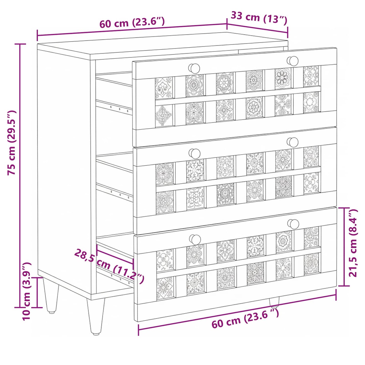 Credenza Naturale 60 x 33 x 75 cm Legno di mango massello