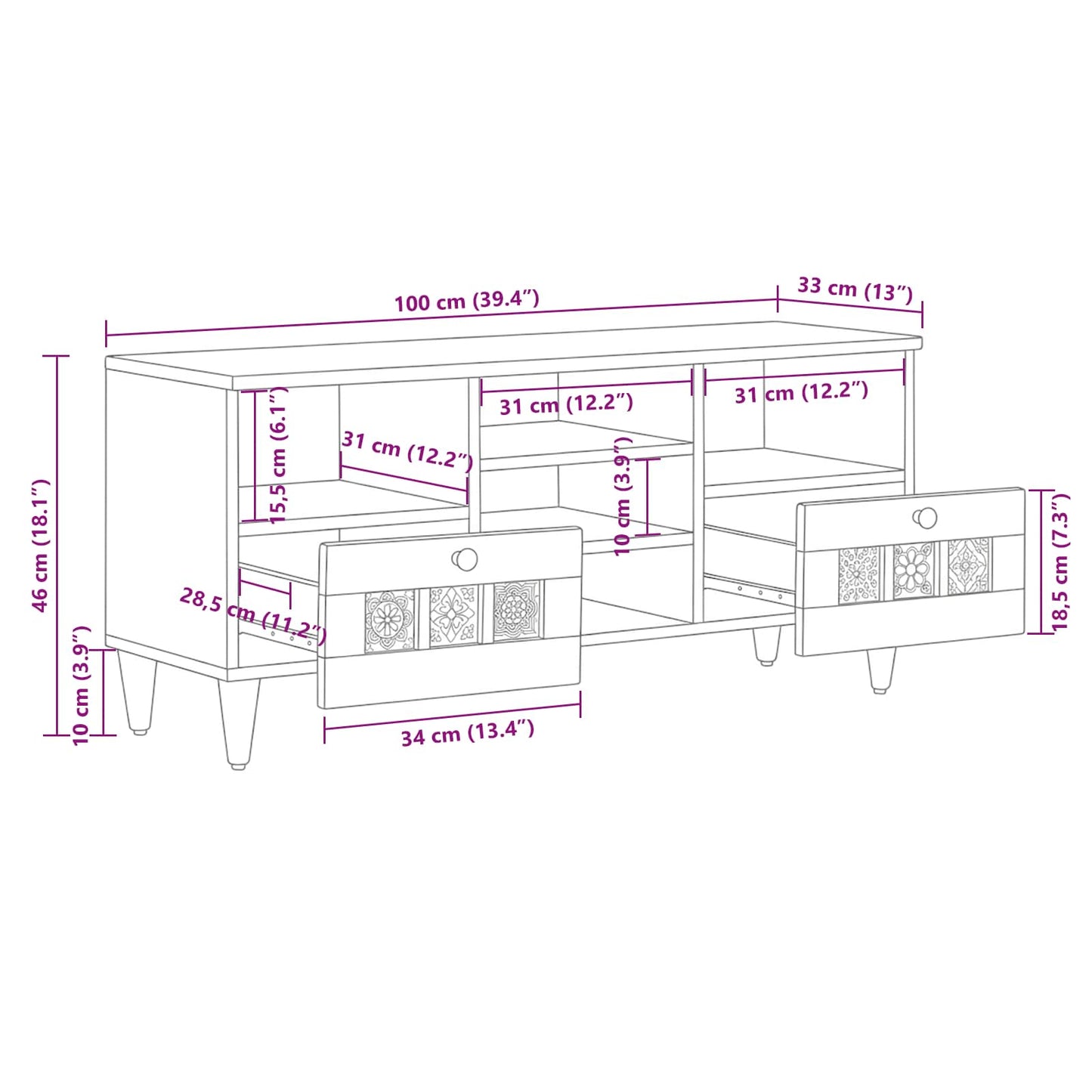 Mobile TV Naturale 100 x 33 x 46 cm Legno di mango massello | homemem39