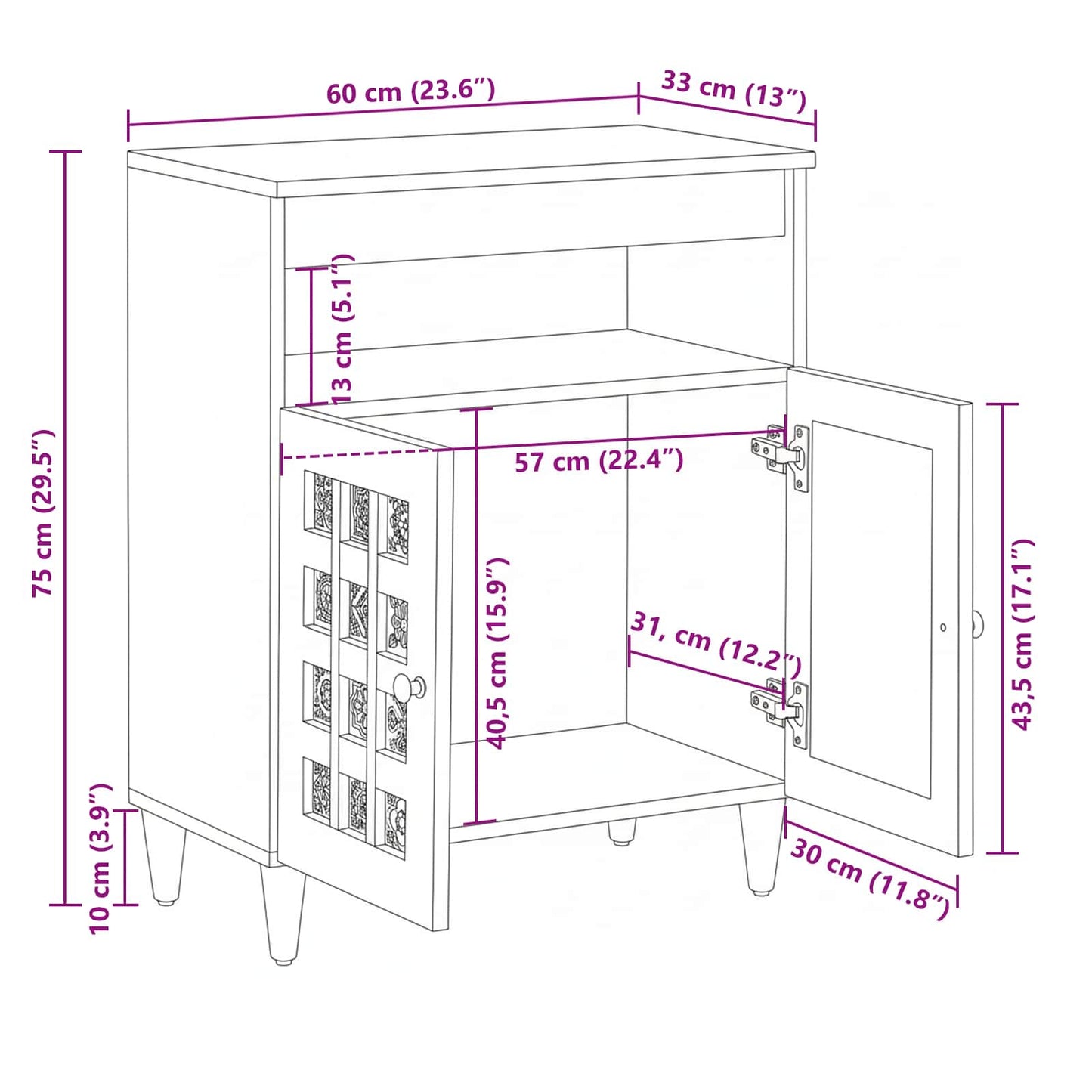 Credenza Naturale 60 x 33,5 x 75 cm Legno di mango massello