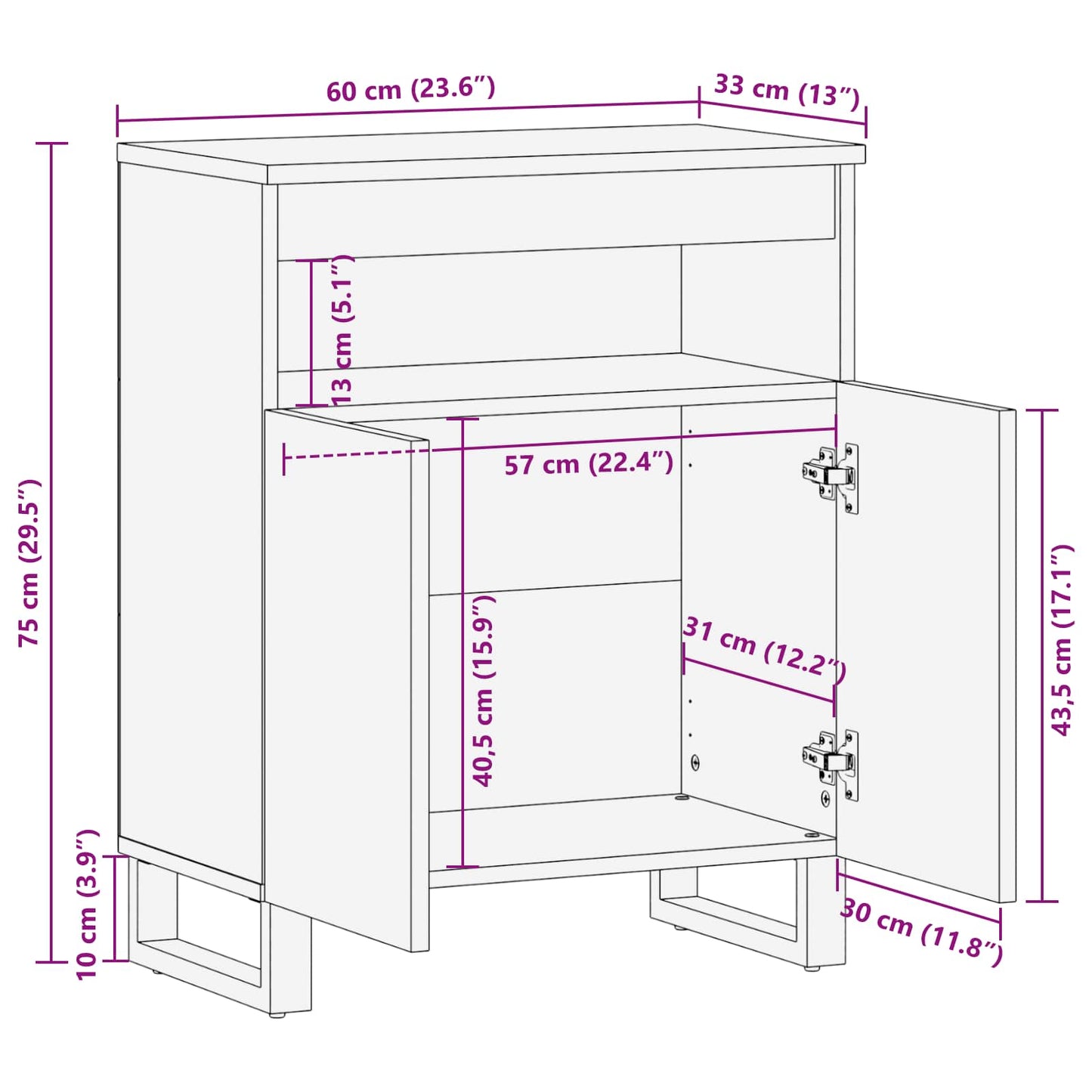 Mobile laterale Marrone 60 x 33 x 75 cm Legno di mango massello