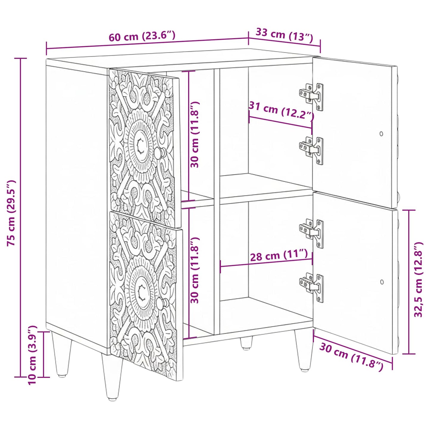 Credenza Marrone 60 x 33,5 x 75 cm Legno di mango massello | homemem39