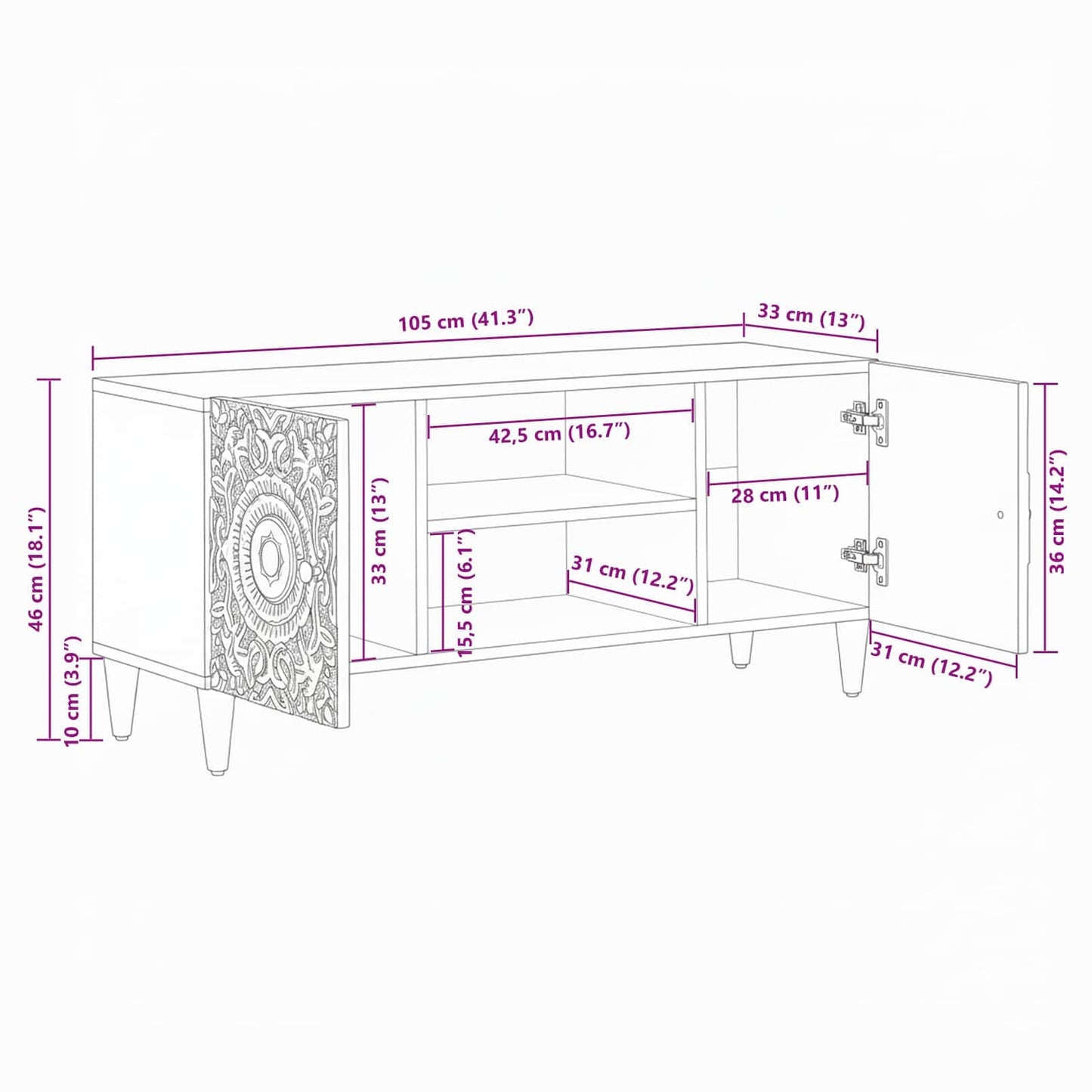 Mobile TV Bianco 105 x 33,5 x 46 cm Legno di mango massello