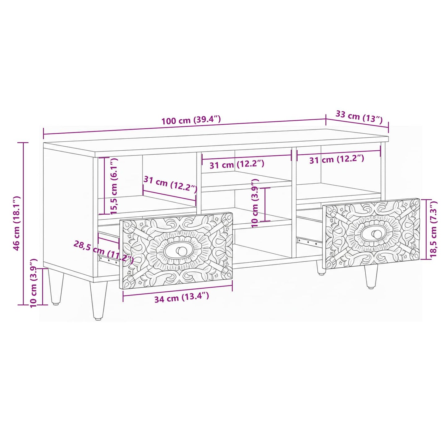 Mobile TV Bianco 100 x 33,5 x 46 cm Legno di mango massello