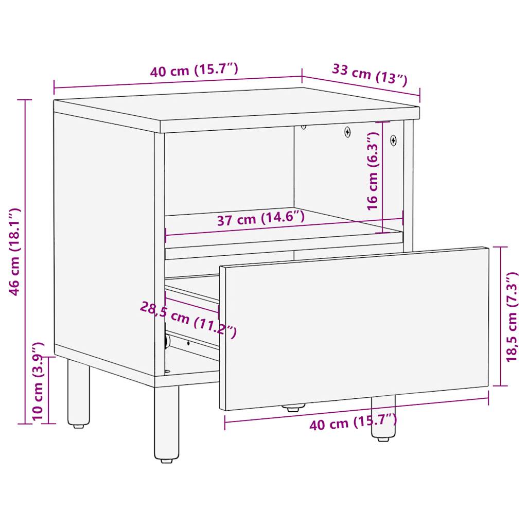 Comodino Nero 40x33x46 cm in Legno Massello di Mango Grezzo | homemem39