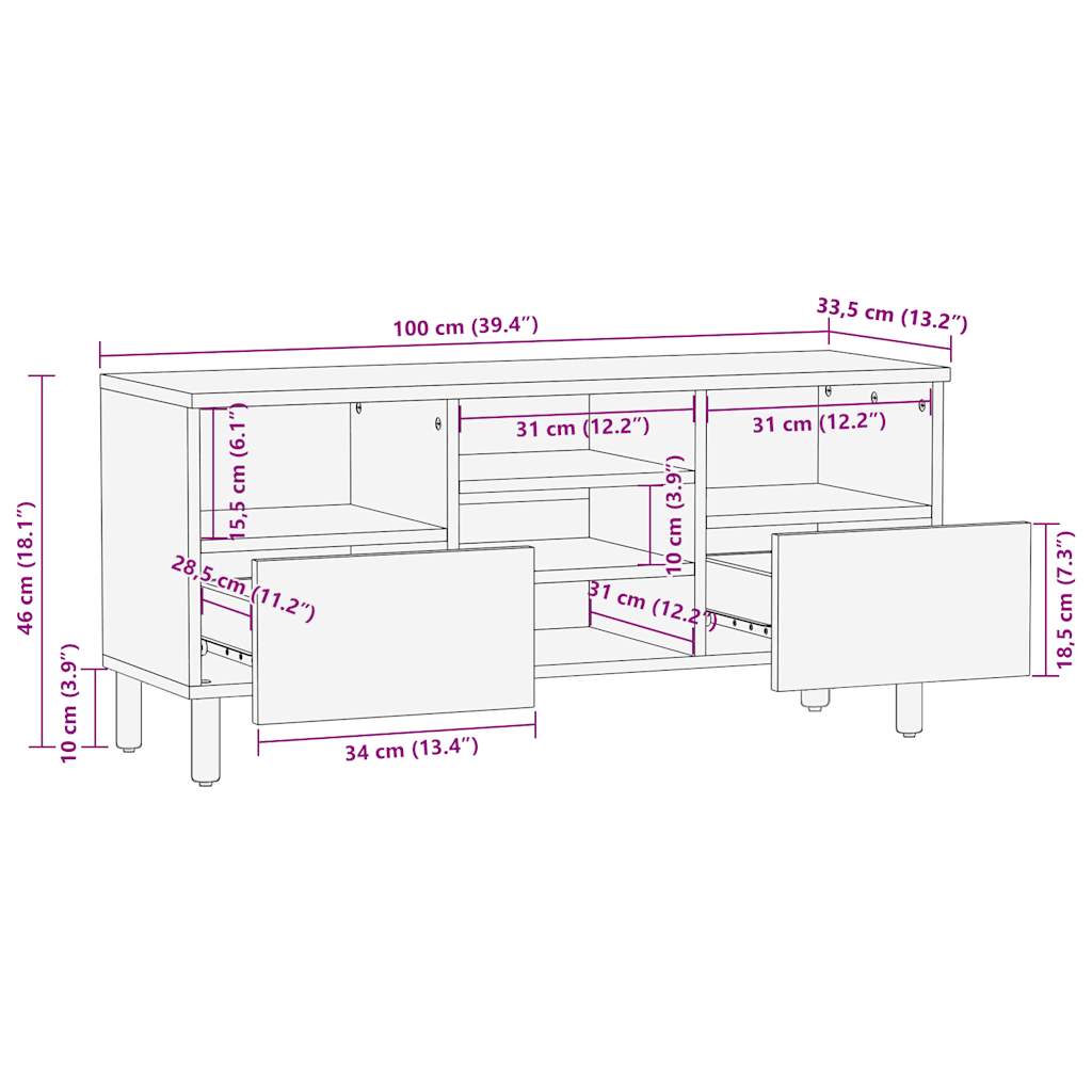 Mobile Porta TV Nero 100x33,5x46 cm Legno Massello Mango Grezzo | homemem39