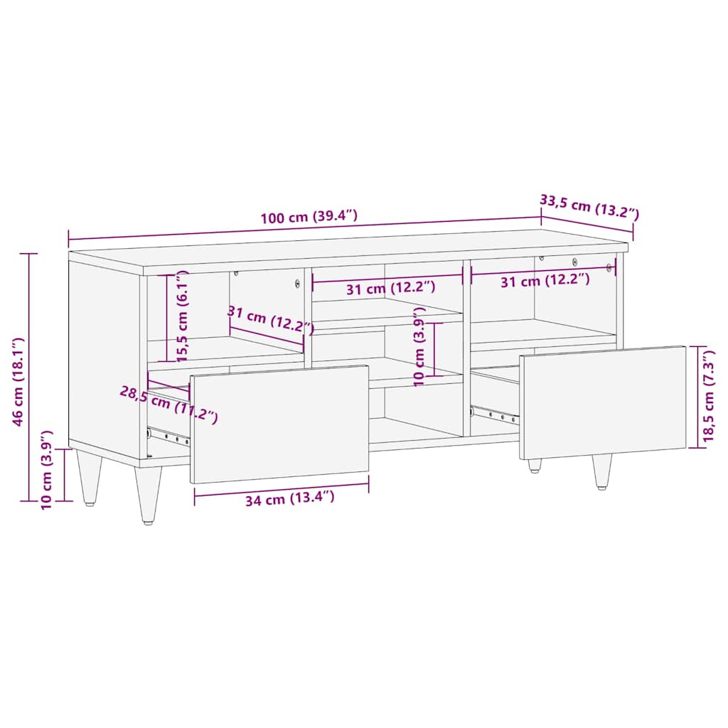 Mobile Porta TV 100x33,5x46 cm in Legno Massello di Mango | homemem39