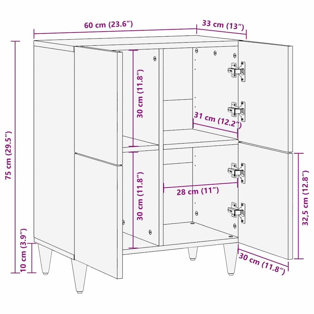 Credenza con porta Nero 60 x 33 x 75 cm Legno di mango massello