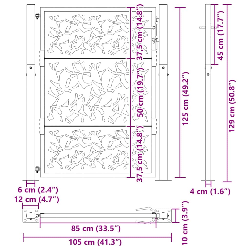 Cancello da giardino 100x125 cm in acciaio corten con design a foglia | homemem39
