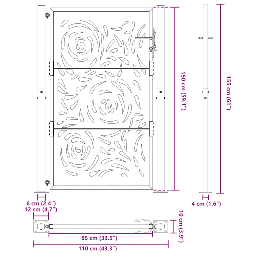 Cancello da giardino 100x150 cm in acciaio corten con design a fiamma | homemem39