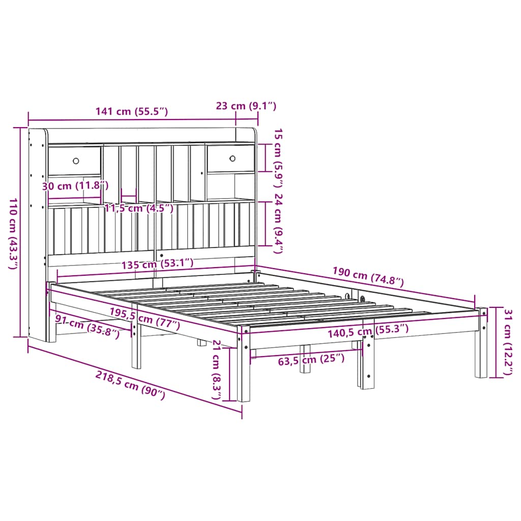 Letto Libreria senza Materasso Bianco 135x190 cm Legno di Pino | homemem39
