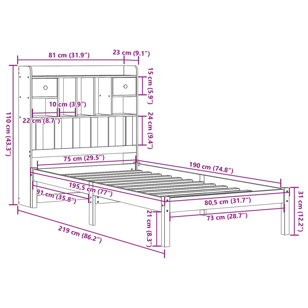 Letto Libreria senza Materasso Marrone Cera 75x190 cm in Pino | homemem39