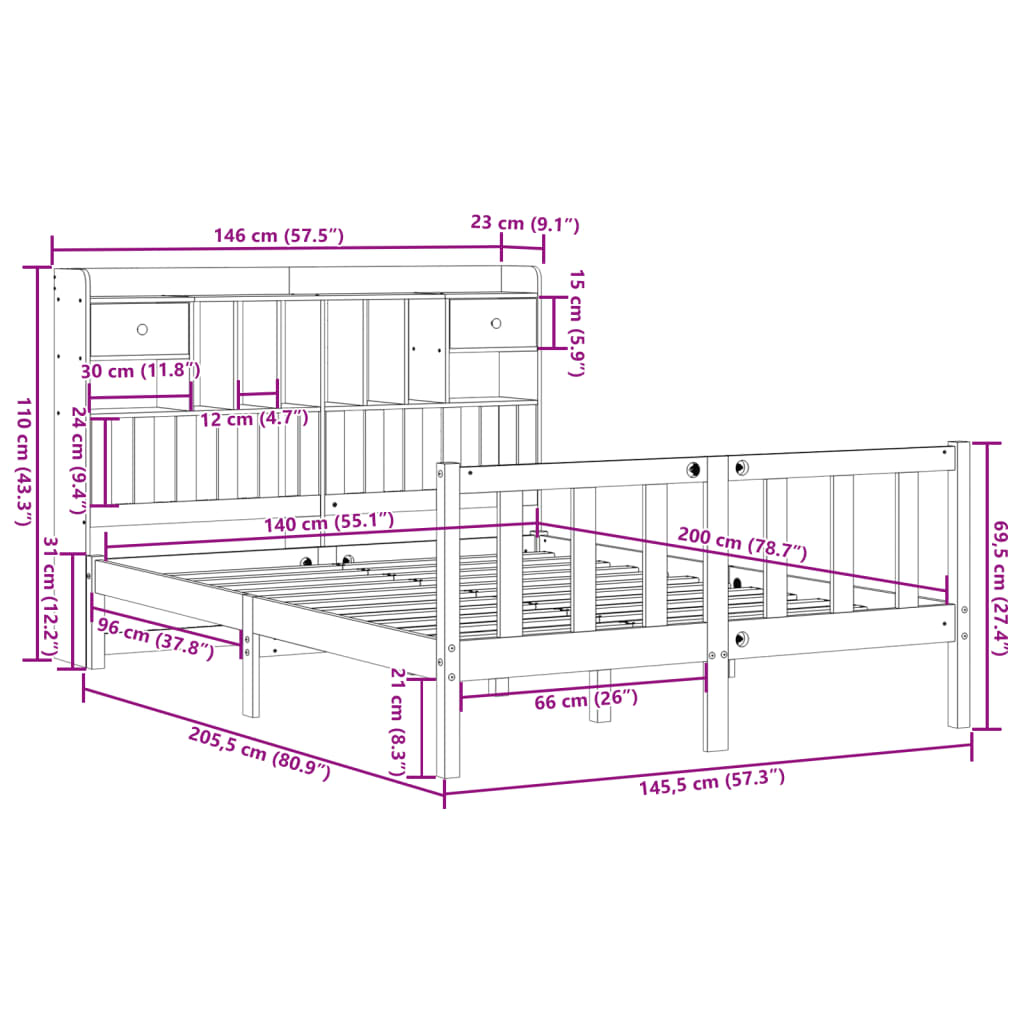 Letto Libreria senza Materasso 140x200 cm in Legno di Pino | homemem39