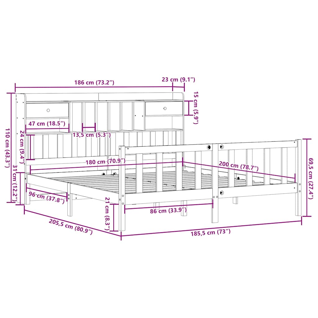 Letto Libreria senza Materasso 180x200 cm in Legno di Pino | homemem39