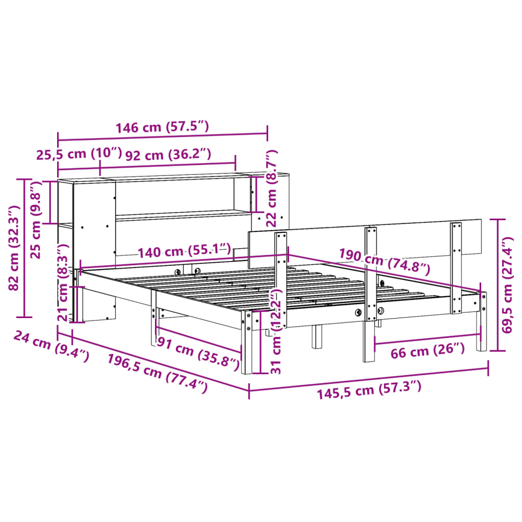 Letto Libreria senza Materasso Bianco 140x190 cm Legno di Pino | homemem39