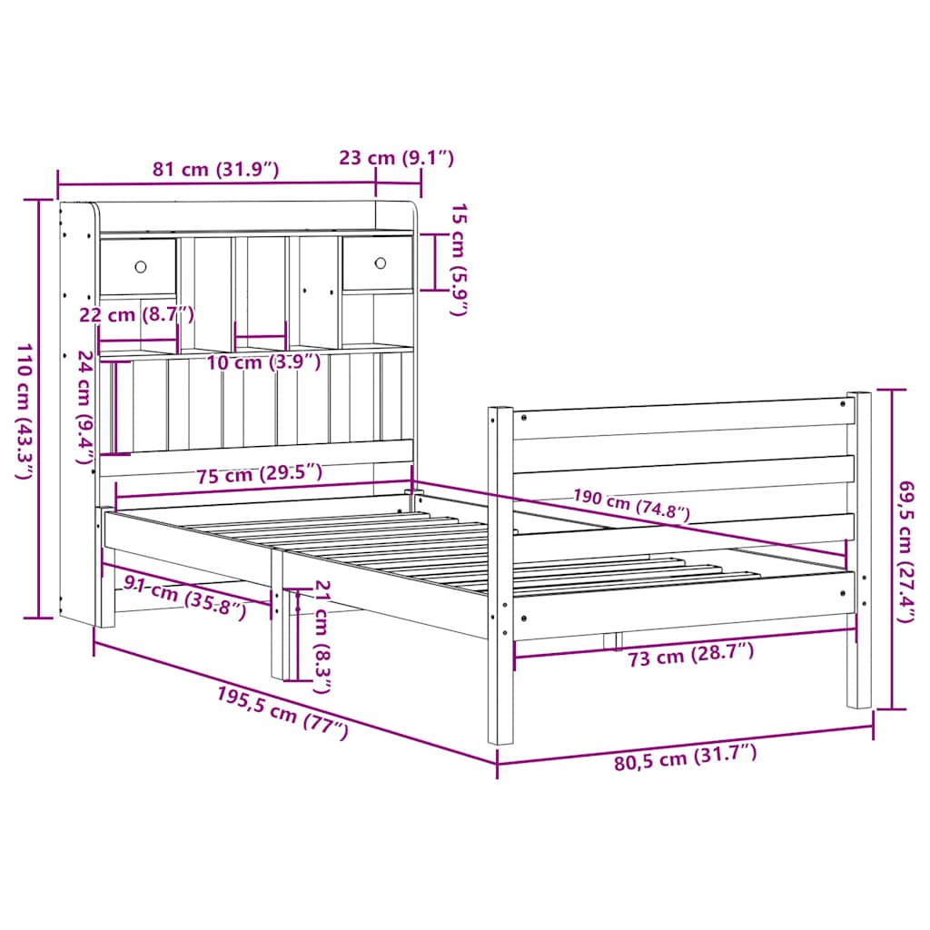 Letto Libreria senza Materasso Marrone Cera 75x190 cm in Pino | homemem39
