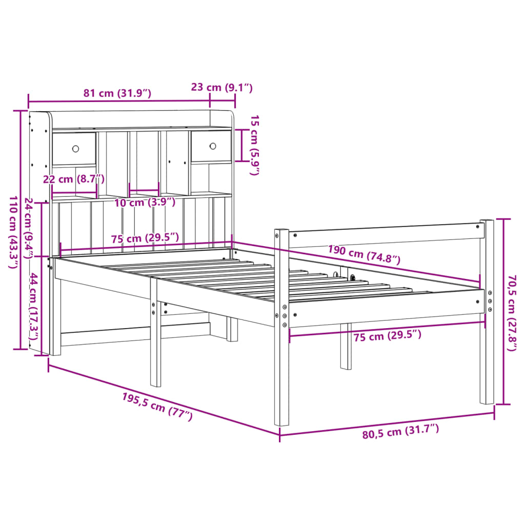 Letto con Libreria senza Materasso 75x190 cm in Legno Pino | homemem39