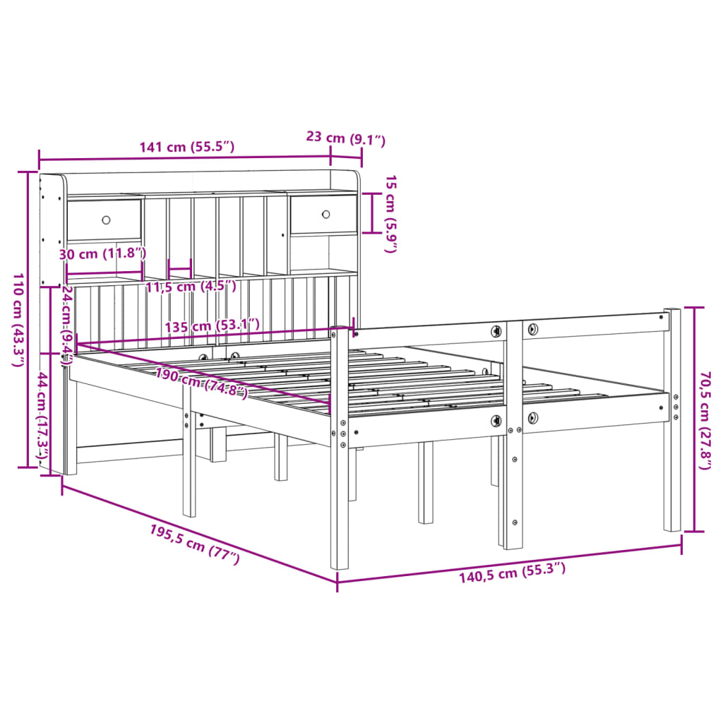Letto Libreria senza Materasso Bianco 135x190 cm Legno di Pino | homemem39