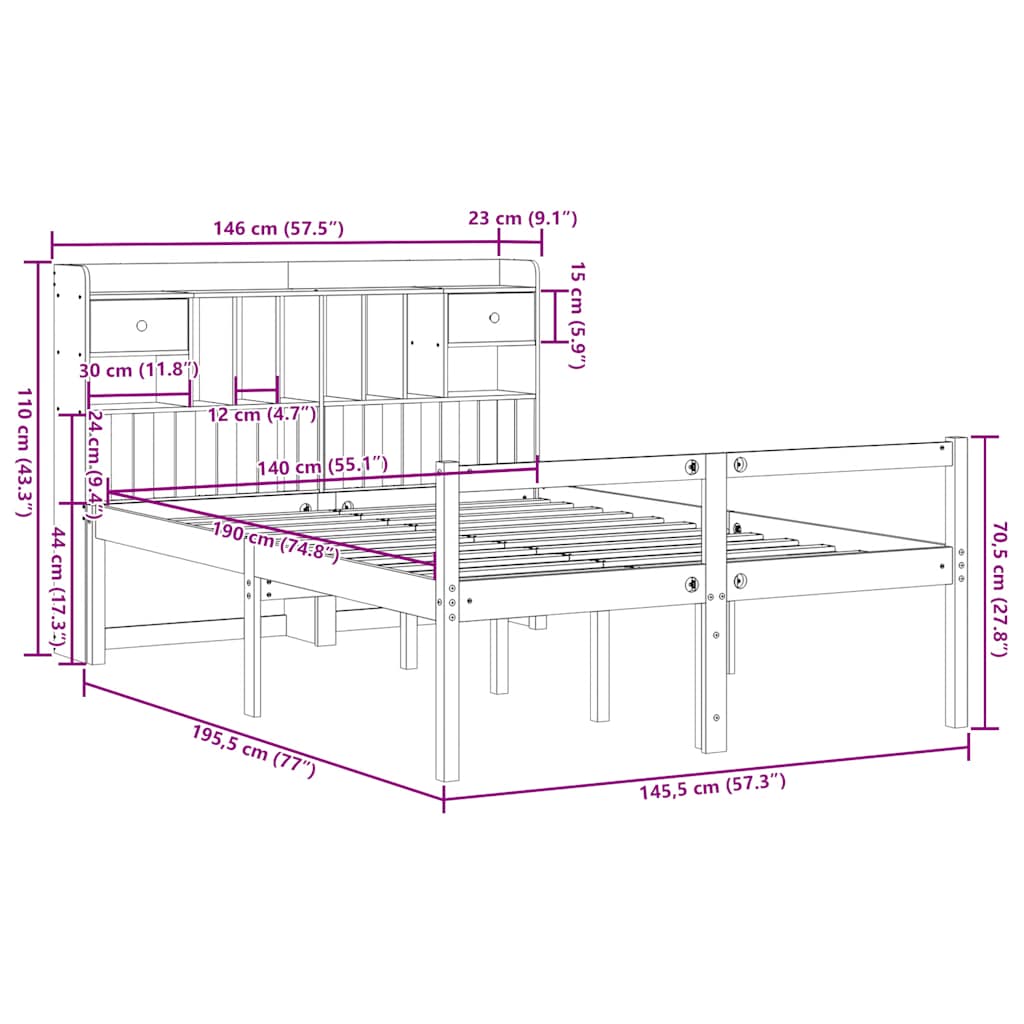 Letto Libreria senza Materasso 140x190 cm in Legno di Pino | homemem39
