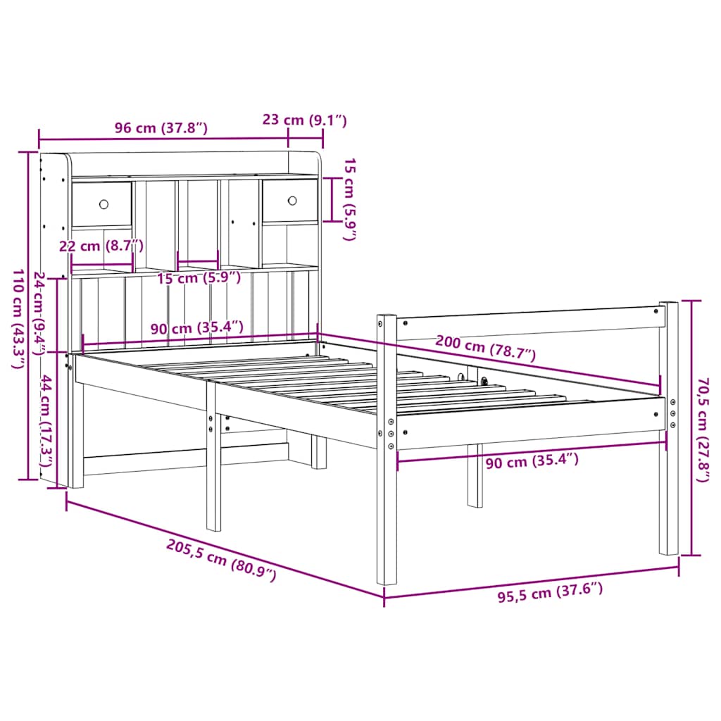 Letto Libreria senza Materasso 90x200 cm Legno Massello Pino | homemem39