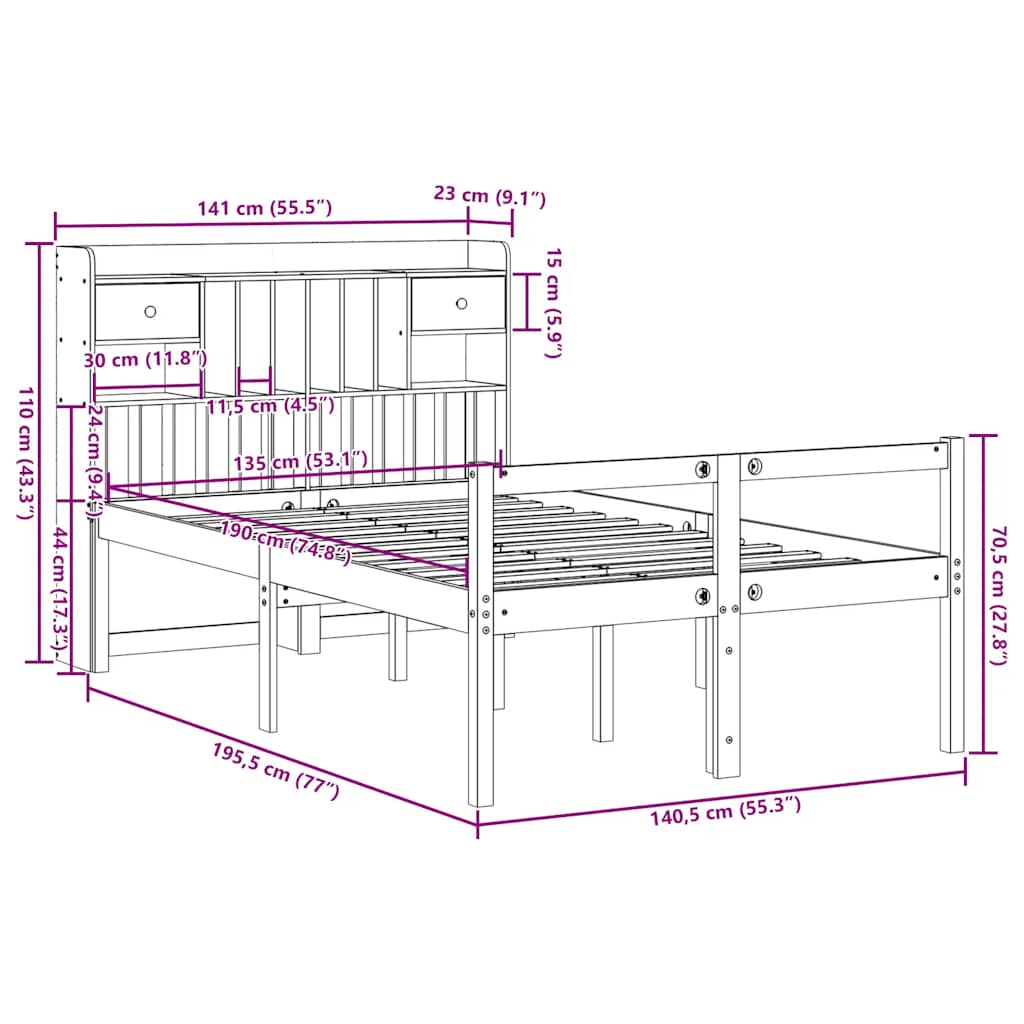 Letto Libreria senza Materasso Marrone Cera 135x190 cm in Pino | homemem39