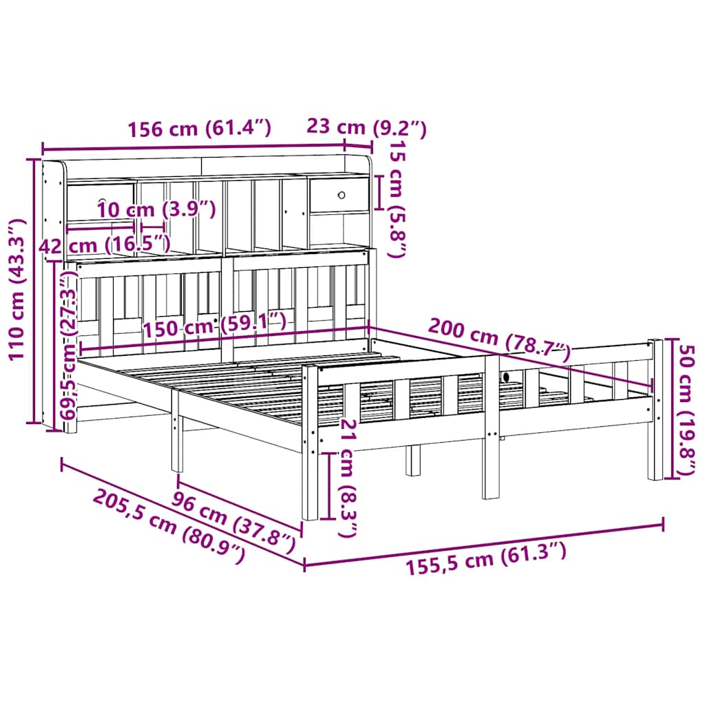 Letto Libreria senza Materasso Marrone Cera 150x200 cm in Pino | homemem39