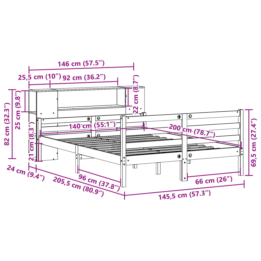 Letto Libreria senza Materasso Bianco 140x200 cm Legno di Pino | homemem39
