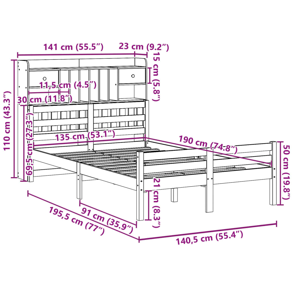 Letto Libreria senza Materasso Bianco 135x190 cm Legno di Pino | homemem39