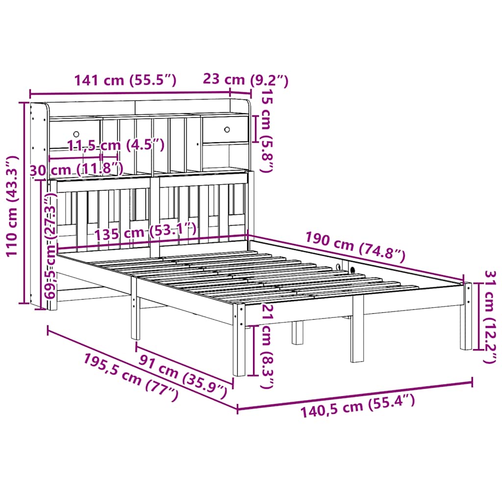 Letto Libreria senza Materasso 135x190 cm in Legno di Pino - homemem39