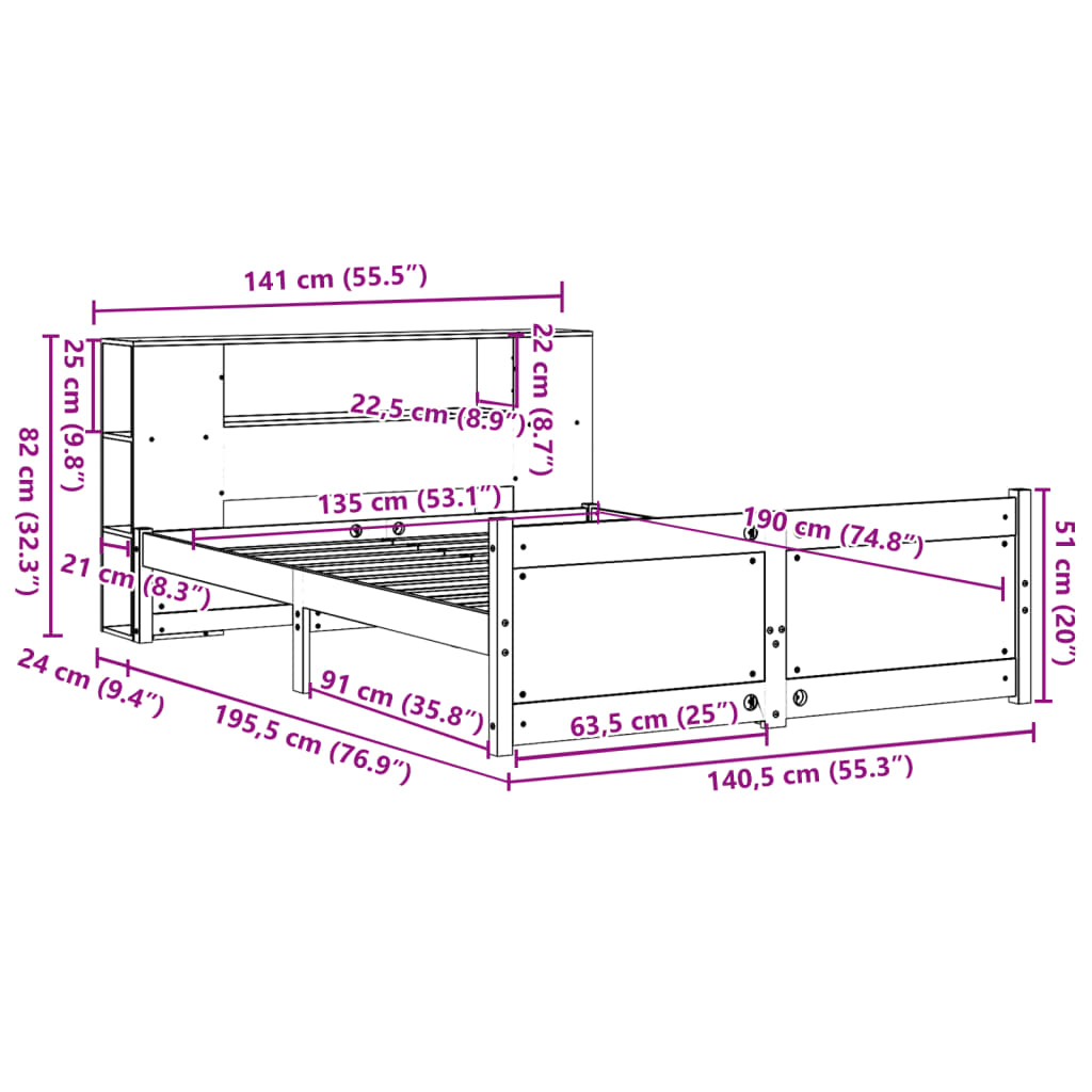 Letto Libreria senza Materasso 135x190 cm in Legno di Pino | homemem39