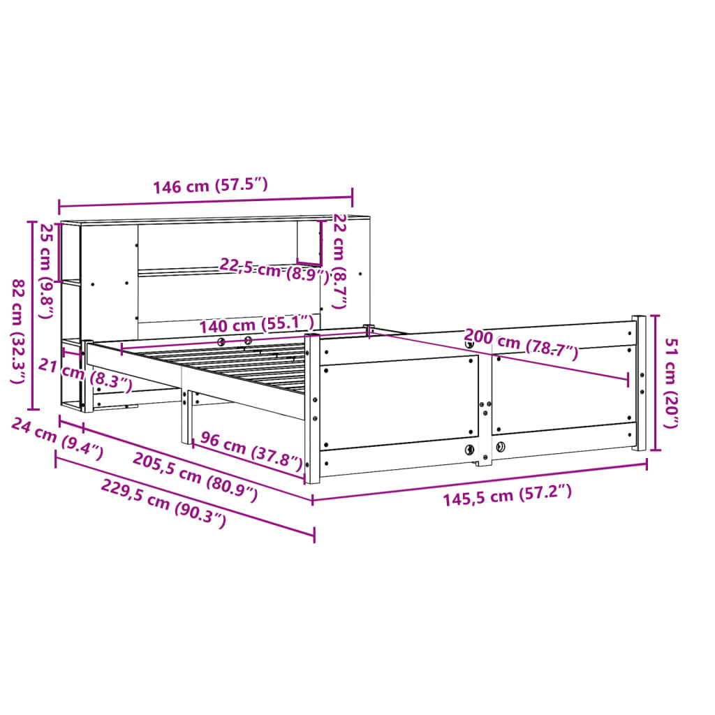 Letto Libreria senza Materasso Bianco 140x200 cm Legno di Pino - homemem39
