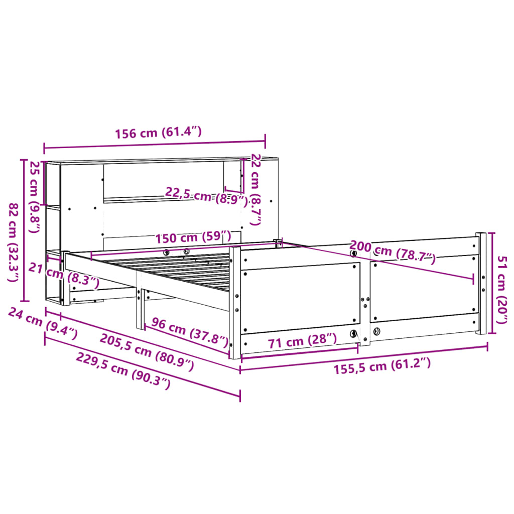 Letto Libreria senza Materasso Bianco 150x200 cm Legno di Pino | homemem39