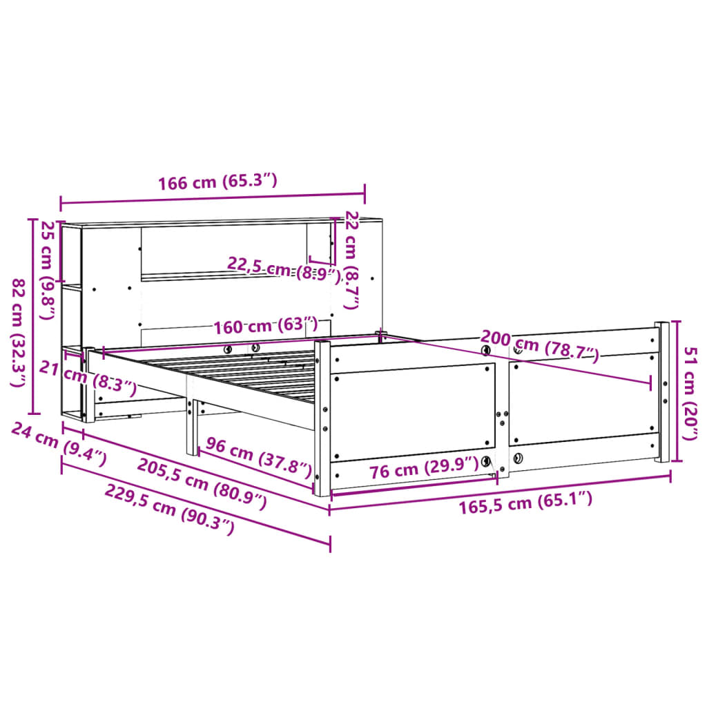 Letto Libreria senza Materasso Bianco 160x200 cm Legno di Pino | homemem39