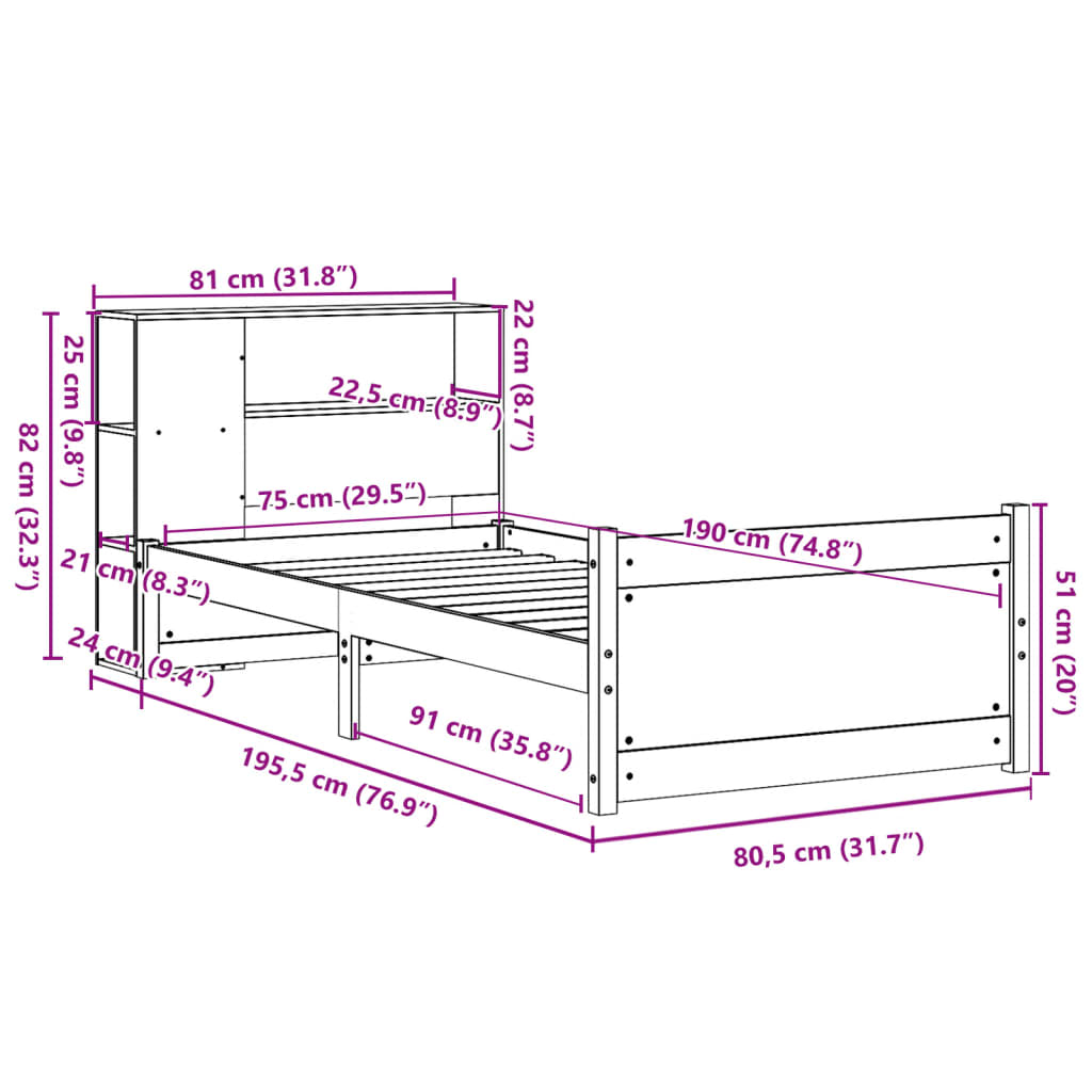 Giroletto con Libreria senza Materasso 75x190 cm in Legno Pino | homemem39