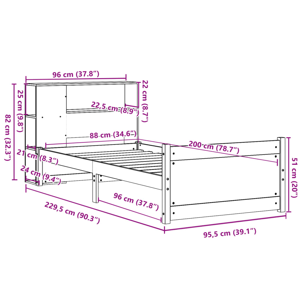 Letto Libreria senza Materasso 90x200 cm Legno Massello Pino - homemem39