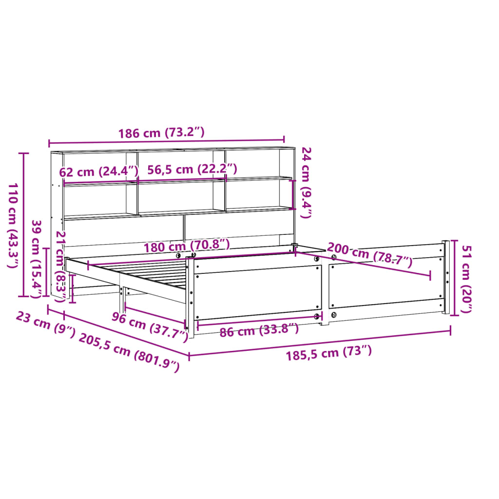 Giroletto con Libreria senza Materasso 180x200 cm in Legno Pino | homemem39