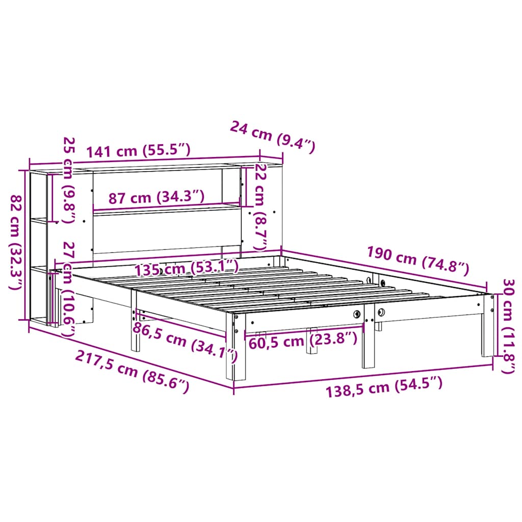 Letto Libreria senza Materasso Bianco 135x190 cm Legno di Pino | homemem39