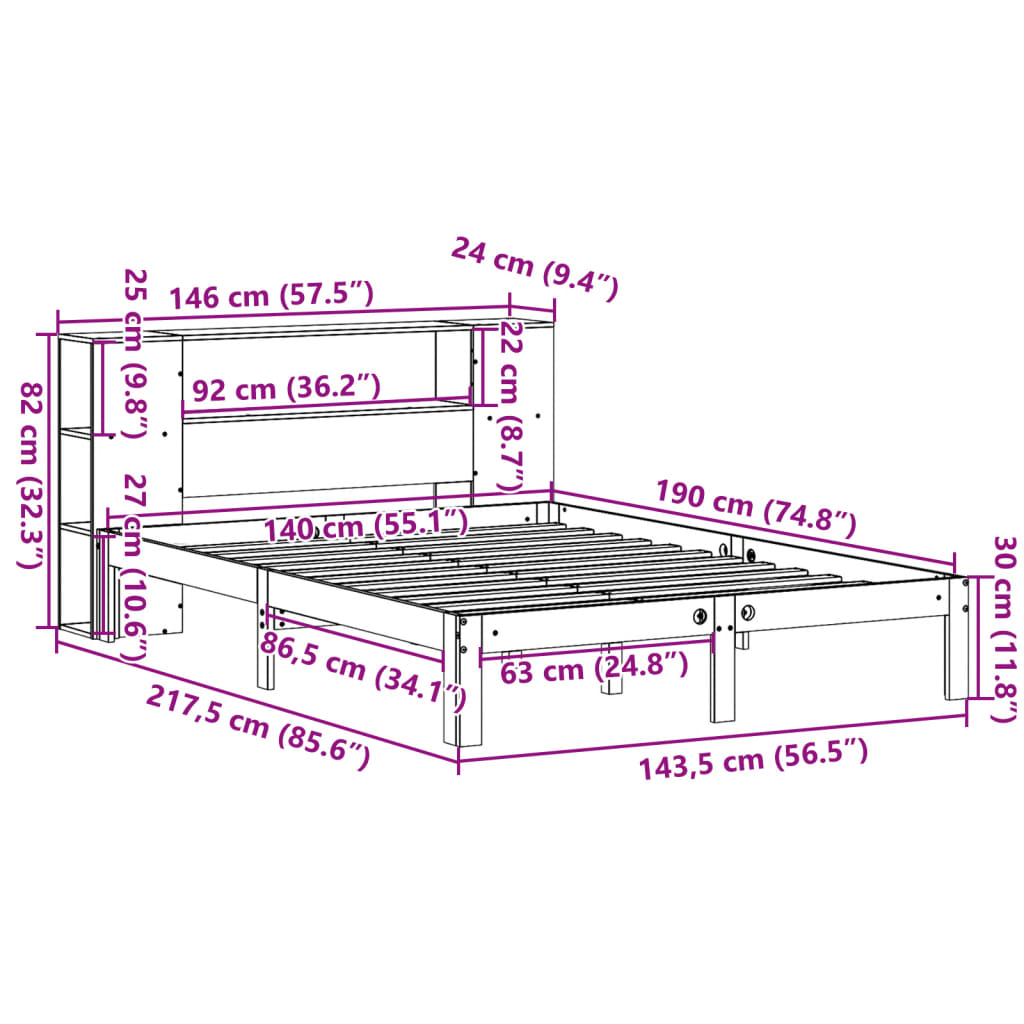 Letto Libreria senza Materasso Bianco 140x190 cm Legno di Pino | homemem39