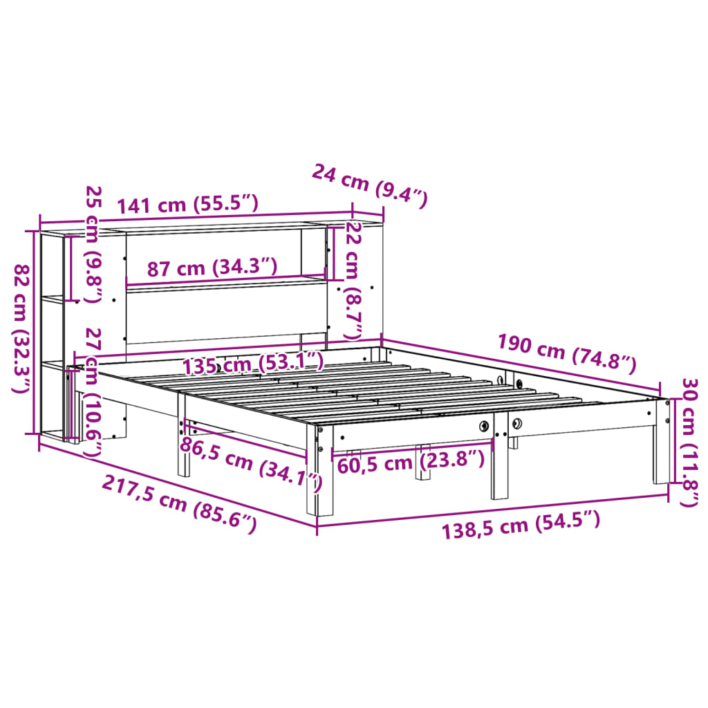 Letto Libreria senza Materasso Marrone Cera 135x190 cm in Pino | homemem39