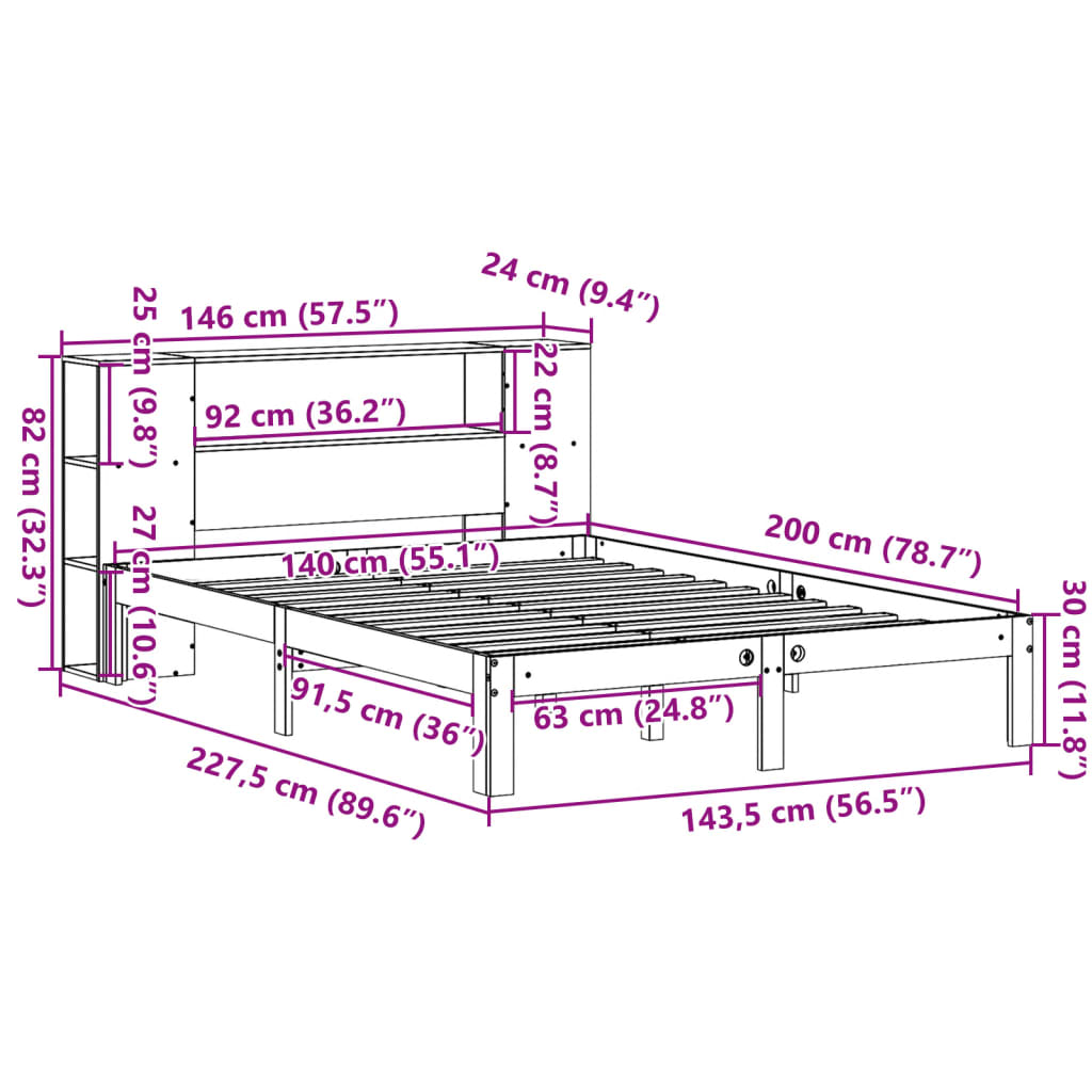 Letto Libreria senza Materasso Marrone Cera 140x200 cm in Pino | homemem39
