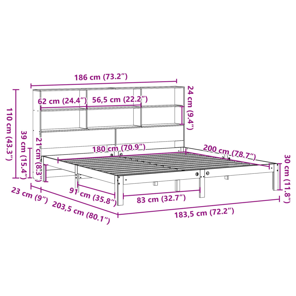Giroletto con Libreria senza Materasso 180x200 cm in Legno Pino | homemem39