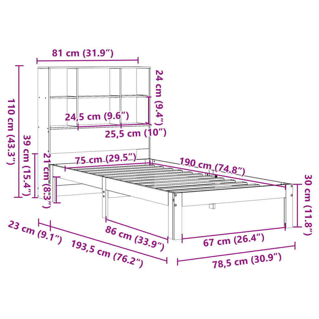 Letto Libreria senza Materasso Marrone Cera 75x190 cm in Pino | homemem39