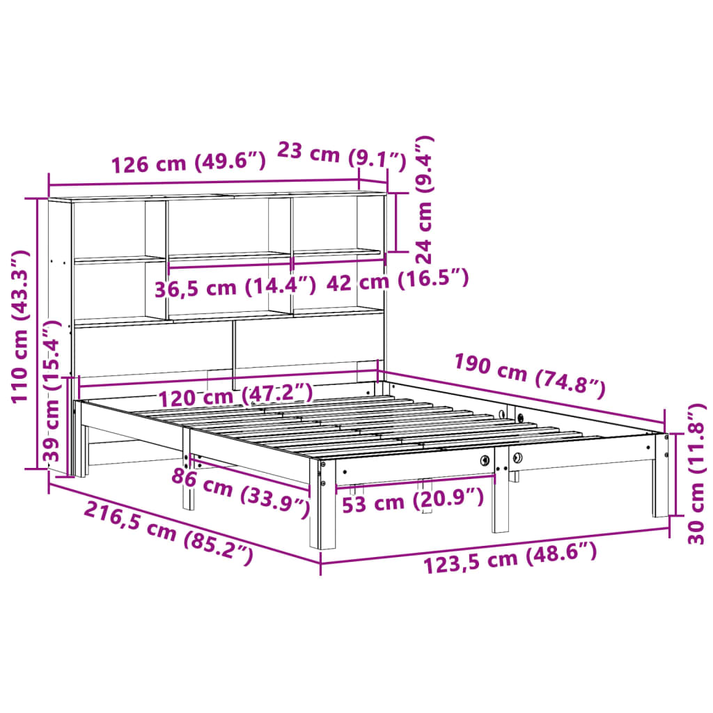 Letto Libreria senza Materasso Marrone Cera 120x190 cm in Pino