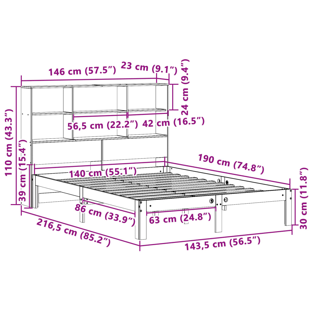 Letto Libreria senza Materasso Marrone Cera 140x190 cm in Pino | homemem39
