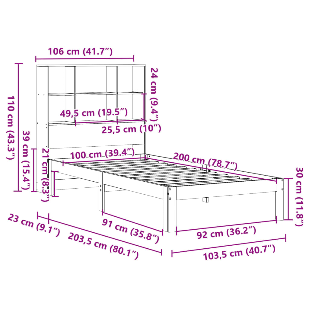 Letto Libreria senza Materasso Marrone Cera 100x200 cm in Pino | homemem39