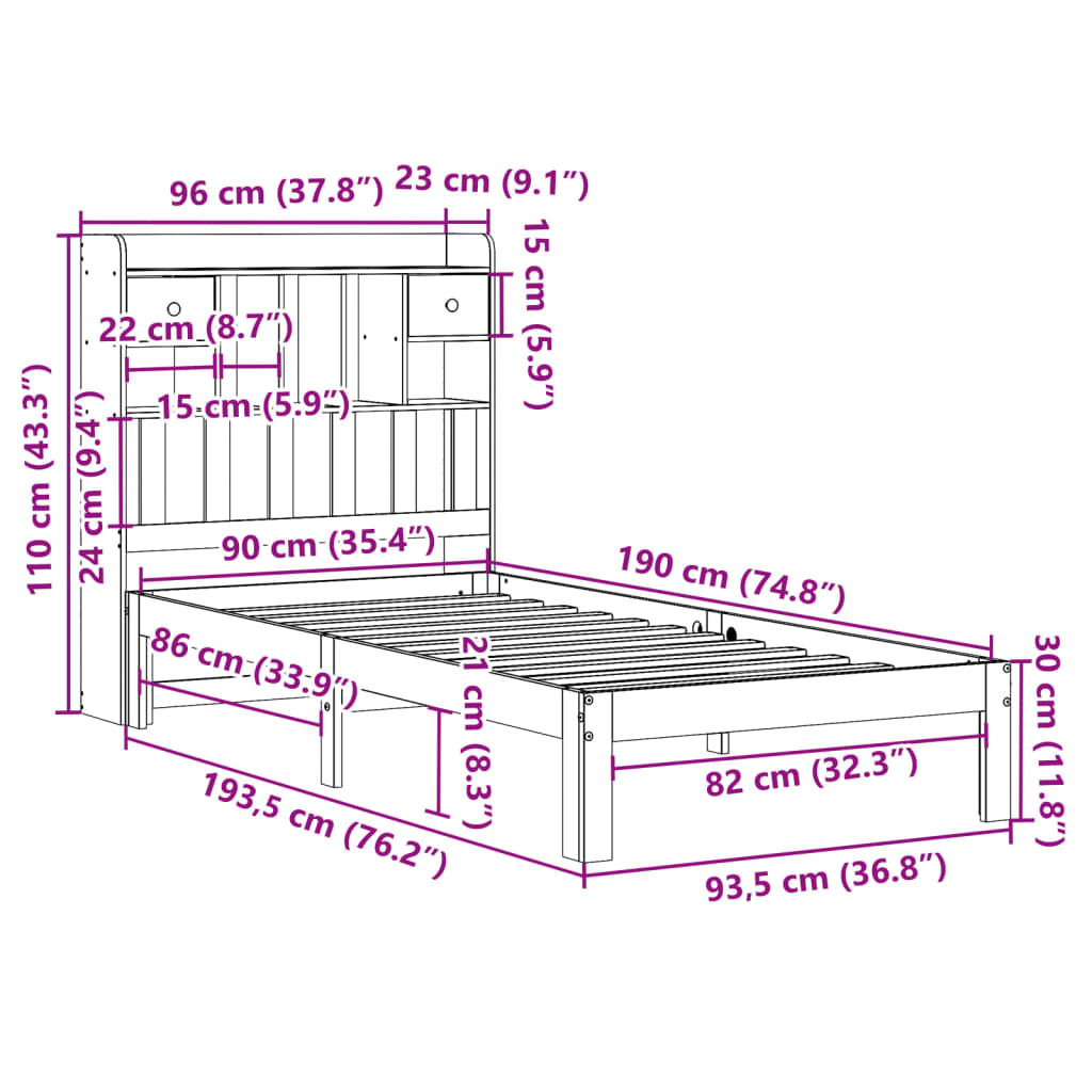 Letto Libreria senza Materasso 90x190 cm Legno Massello Pino | homemem39