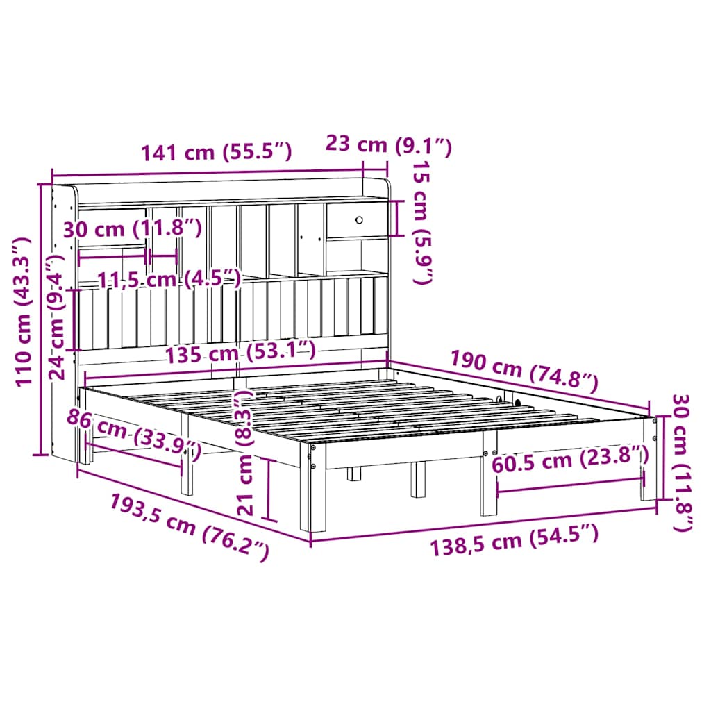 Letto Libreria senza Materasso Bianco 135x190 cm Legno di Pino | homemem39