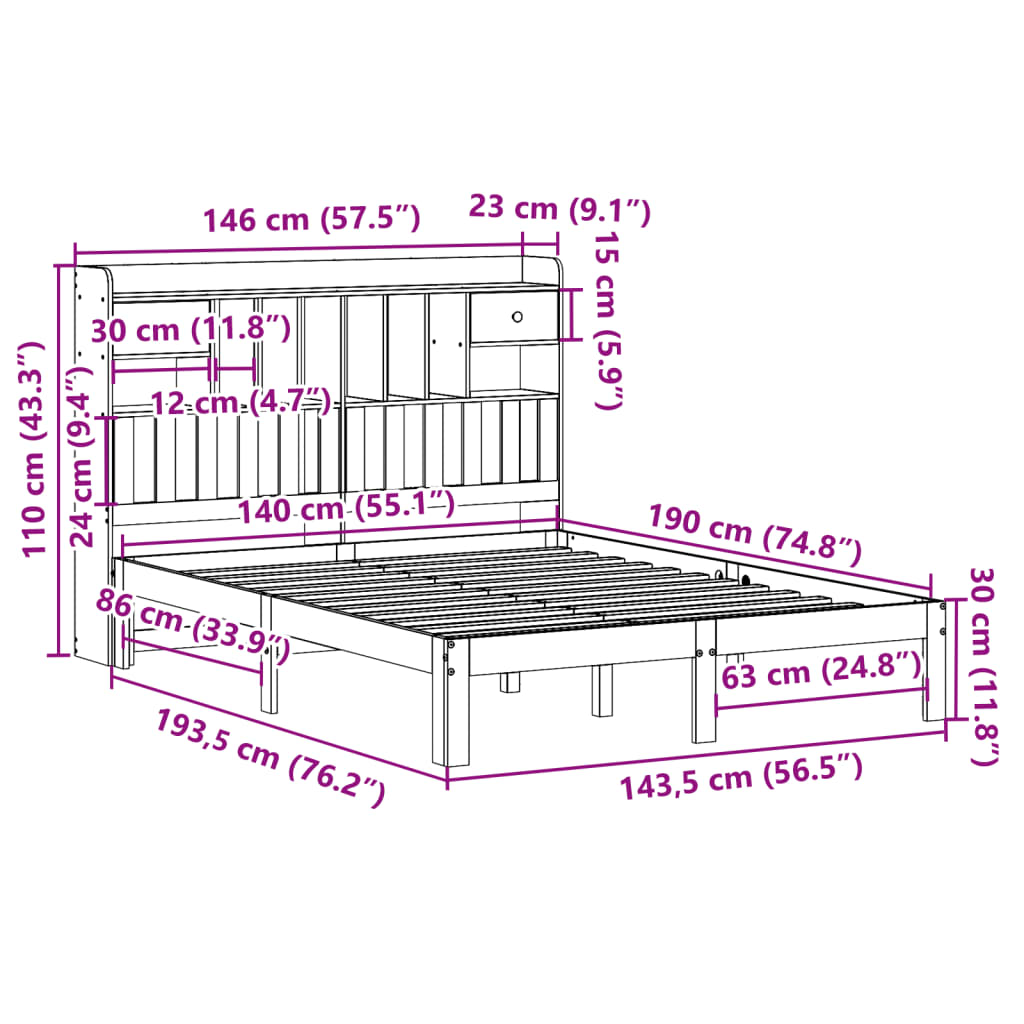 Letto Libreria senza Materasso 140x190 cm in Legno di Pino | homemem39